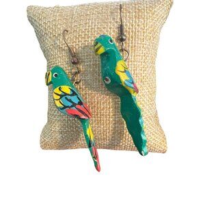 Handcrafted Tropical Bird Dangle Earrings Parrots Hooks Handpainted 2.75" 3.22g